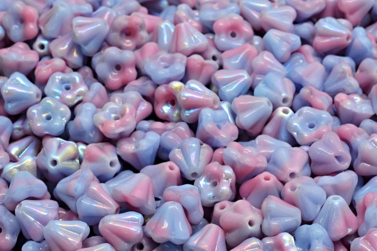 Bell Flower Beads, Mix Blue Pink Opaque Ab (37724-28701), Glass, Czech Republic