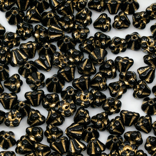 OUTLET 10 grams Bell Flower Beads, 4 x 6 mm, Black Gold Lined (23980-54302), Glass, Czech Republic