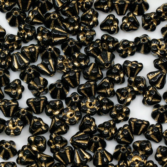 OUTLET 50 grams Bell Flower Beads, 4 x 6 mm, Black Gold Lined (23980-54302), Glass, Czech Republic