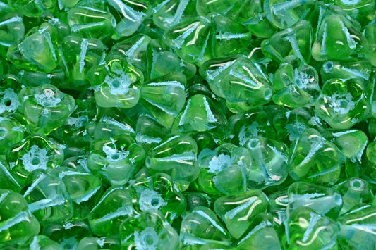 OUTLET 10 grams Bell Flower Beads, 6 x 8 mm, Mixed Crystal Green Light Blue Lined (57008-54308), Glass, Czech Republic