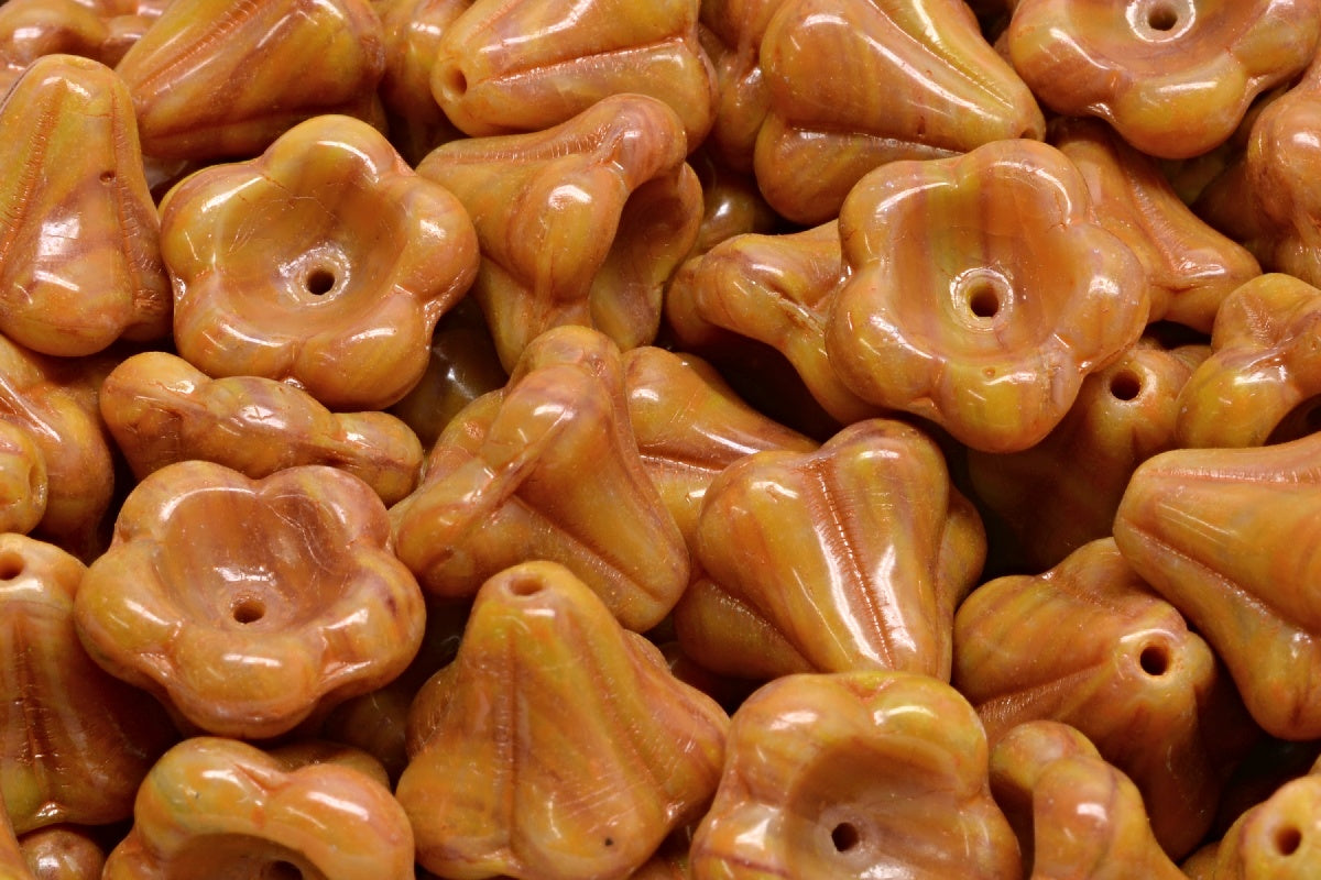 OUTLET 10 grams Bell Flower Beads, 11 x 13 mm, R1234 Orange Spotted (R1234-33302), Glass, Czech Republic