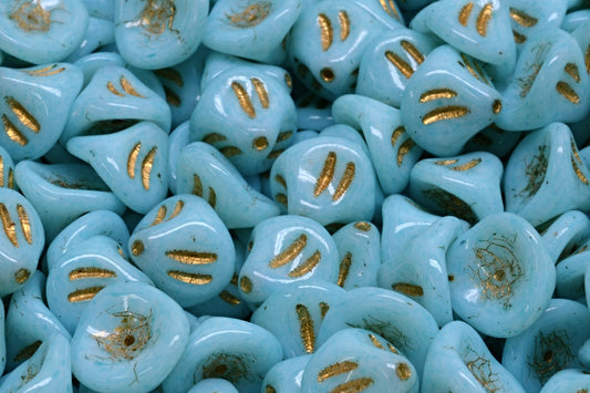 Daylily Flower Beads, White Gold Lined Light Aqua Blue (02010-54302-34308), Glass, Czech Republic