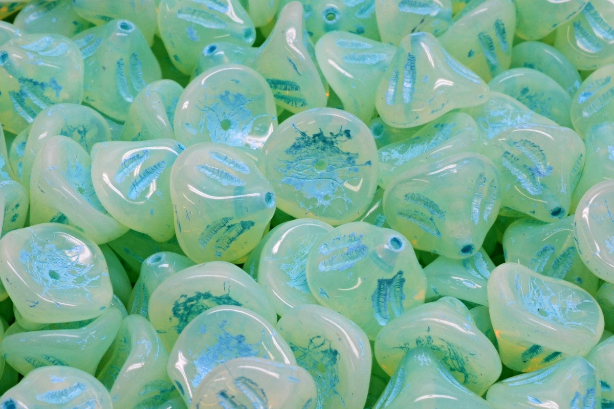 Daylily Flower Beads, Opal Yellow Light Blue Lined (81000-54308), Glass, Czech Republic