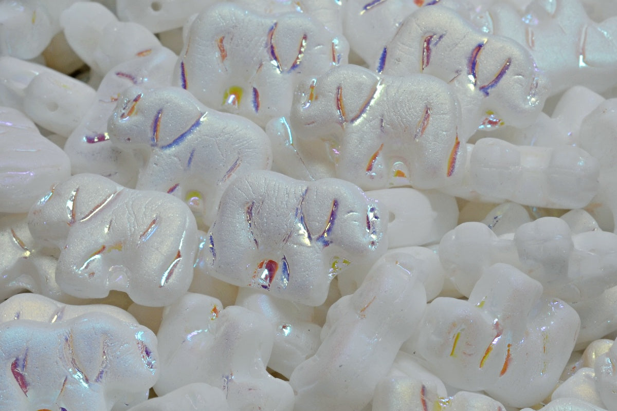 Elephant Beads, White Matte Ab Full (2X Side) (02010-84100-28703), Glass, Czech Republic