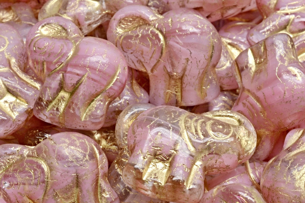 Elephant Beads, Opaque Pink Gold Lined (76017-54302), Glass, Czech Republic