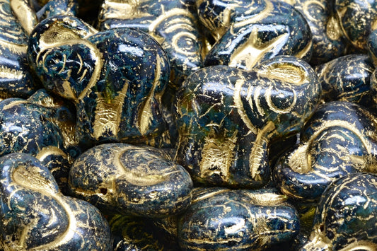 OUTLET 10 grams Elephant Beads, 20 x 21 mm, Blue Green Uranium Travertin Gold Lined (87311-86800-54302), Glass, Czech Republic