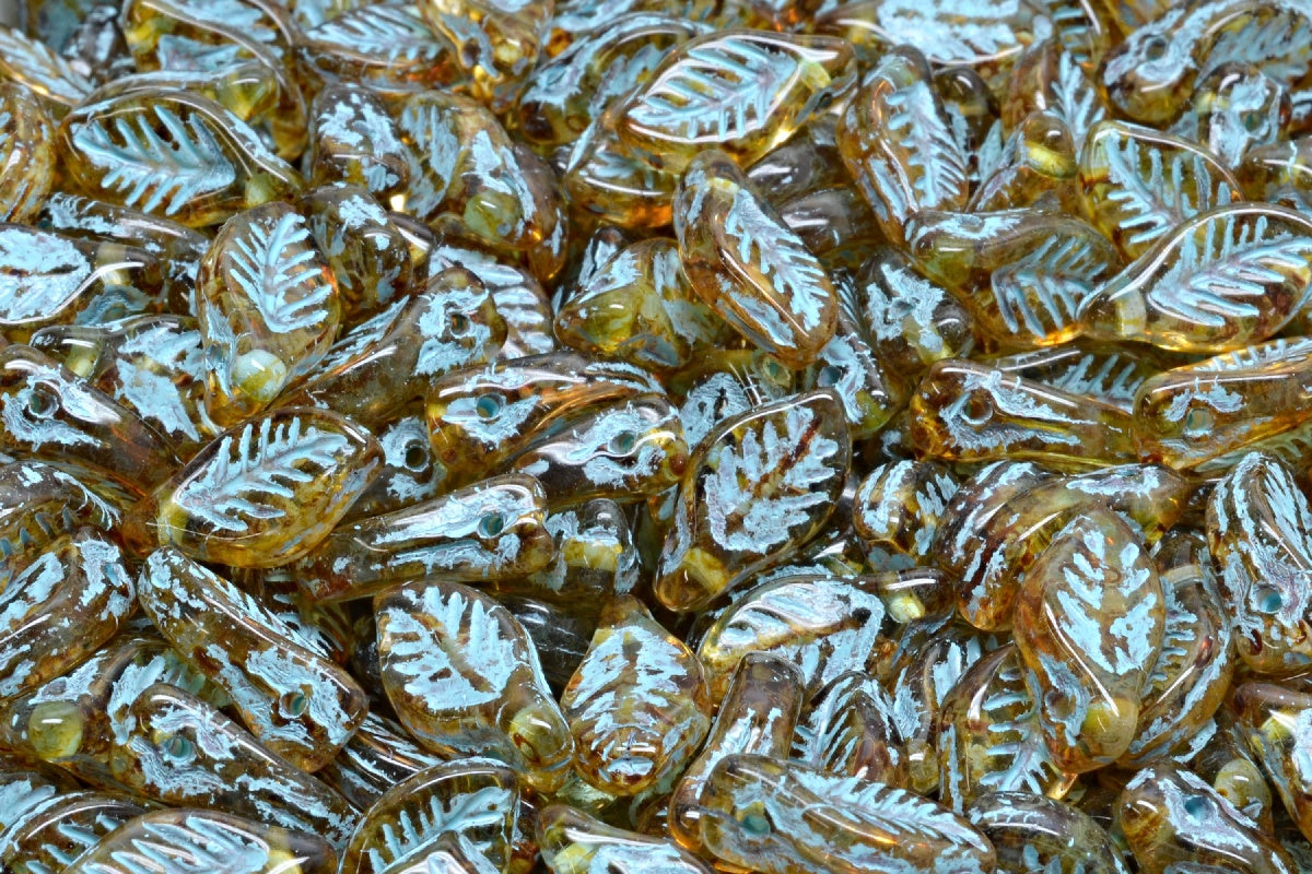 Bay Leaf Beads, Crystal Travertin Light Blue Lined (00030-86800-54308), Glass, Czech Republic