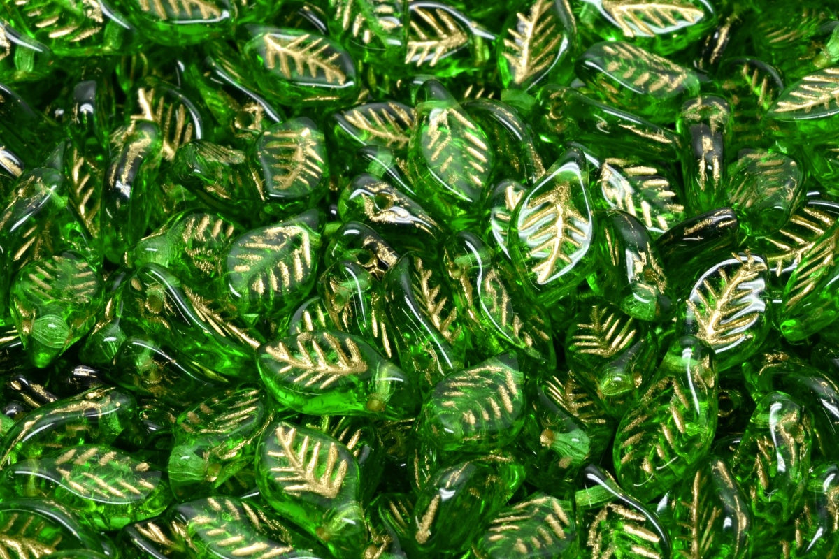 Bay Leaf Beads, Emerald Green Gold Lined (50120-54302), Glass, Czech Republic