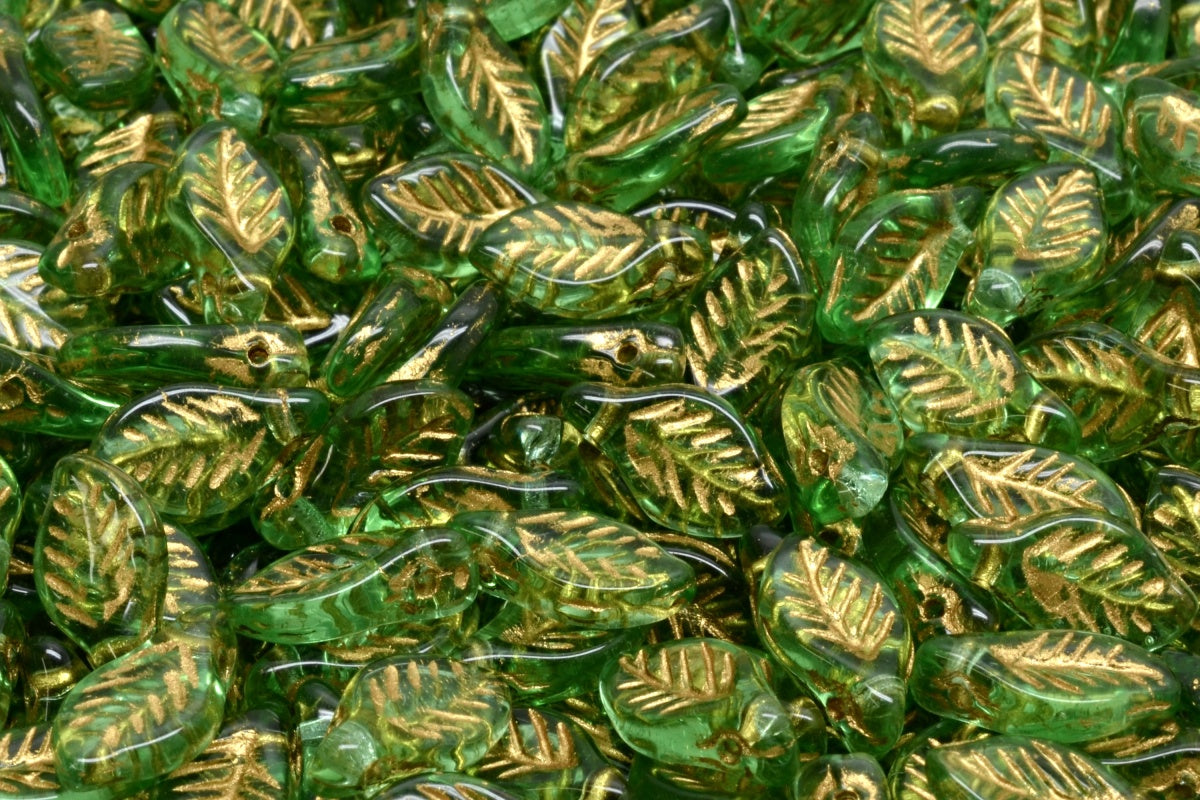 Bay Leaf Beads, Transparent Green Gold Lined (50520-54302), Glass, Czech Republic