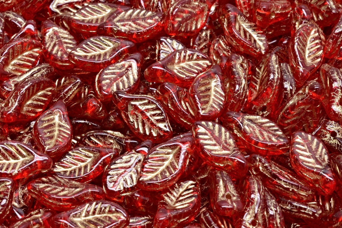 Bay Leaf Beads, Ruby Red Gold Lined (90080-54302), Glass, Czech Republic