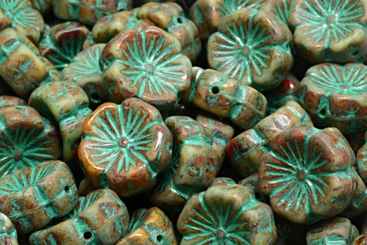 OUTLET 10 grams Hawaiian Flower Beads, 14 x 14 mm, R0001 Travertin Teal Lined (R0001-86800-54316), Glass, Czech Republic