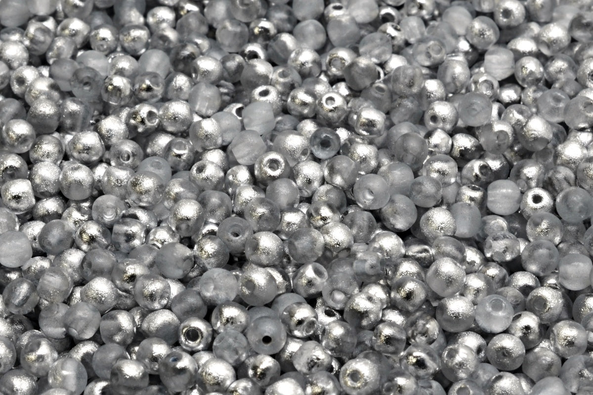 OUTLET 10 grams Round Druck Beads, 3 x 3 mm, Crystal Etched Crystal Silver Half Coating (00030-etch-27001), Glass, Czech Republic