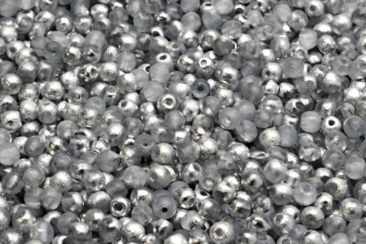 OUTLET 10 grams Round Druck Beads, 3 x 3 mm, Crystal Etched Crystal Silver Half Coating (00030-etch-27001), Glass, Czech Republic