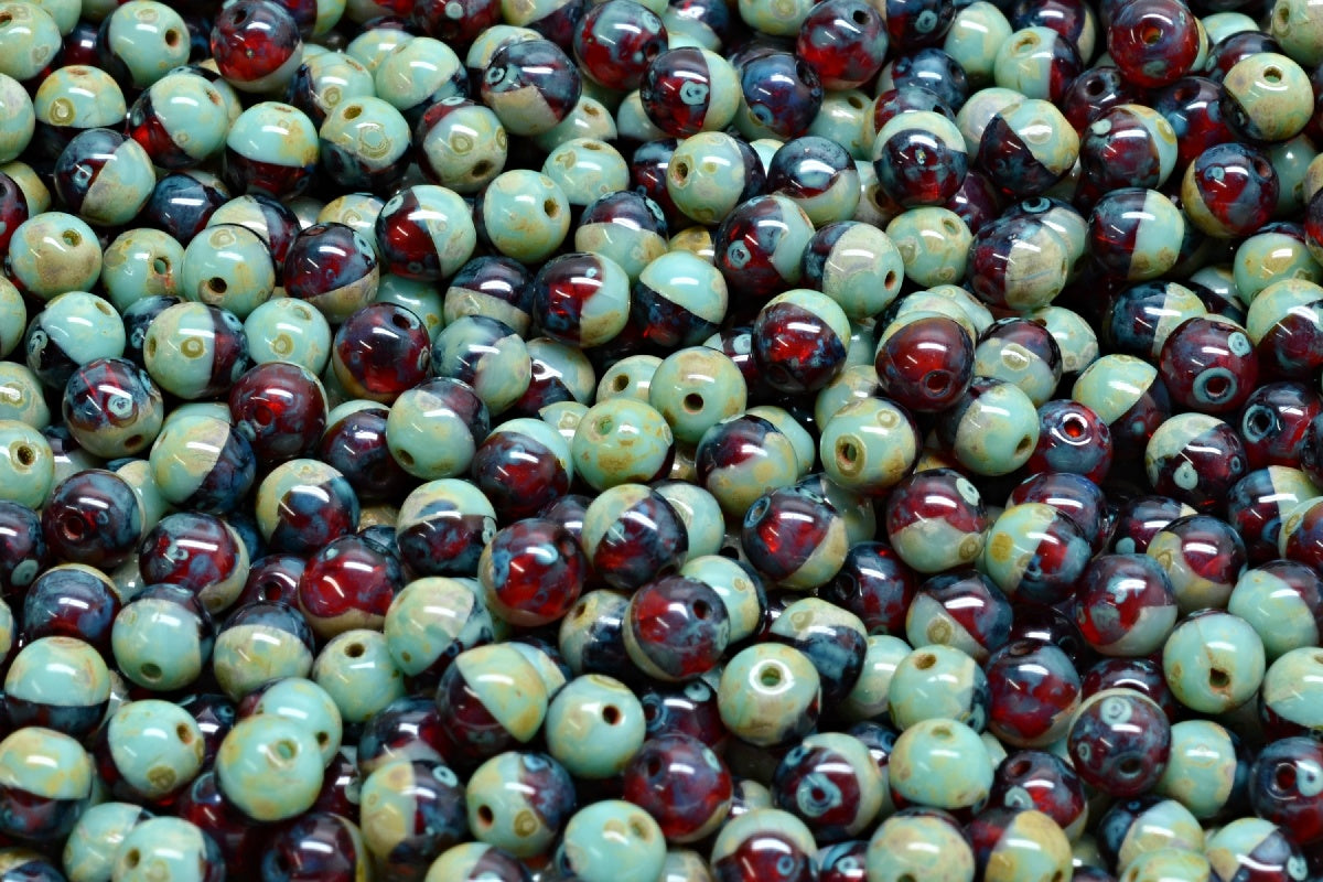 Round Druck Beads, Ruby Red Turquoise Travertin (90080-63130-86800), Glass, Czech Republic