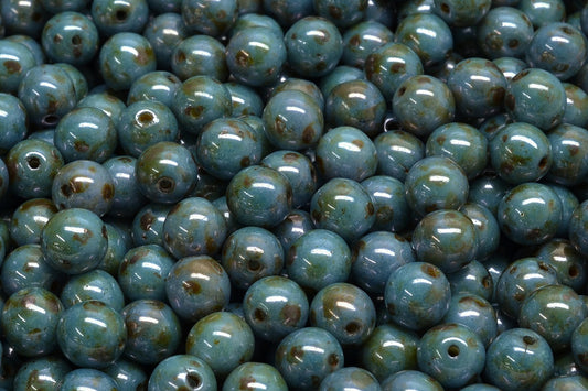 OUTLET 10 grams Round Druck Beads, 6 x 6 mm, White Stain With Luster Blue (02010-65431), Glass, Czech Republic