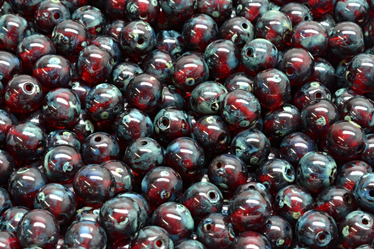 OUTLET 10 grams Round Druck Beads, 6 x 6 mm, Ruby Red Travertin (90080-86800), Glass, Czech Republic