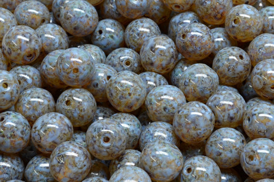 OUTLET 10 grams Round Druck Beads, 8 x 8 mm, Crystal Travertin Blue Spotted (00030-86800-33308), Glass, Czech Republic