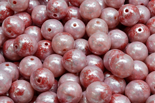 OUTLET 10 grams Round Druck Beads, 8 x 8 mm, Opal Pink Opal Red Silver Gray (71010-91240-34301), Glass, Czech Republic