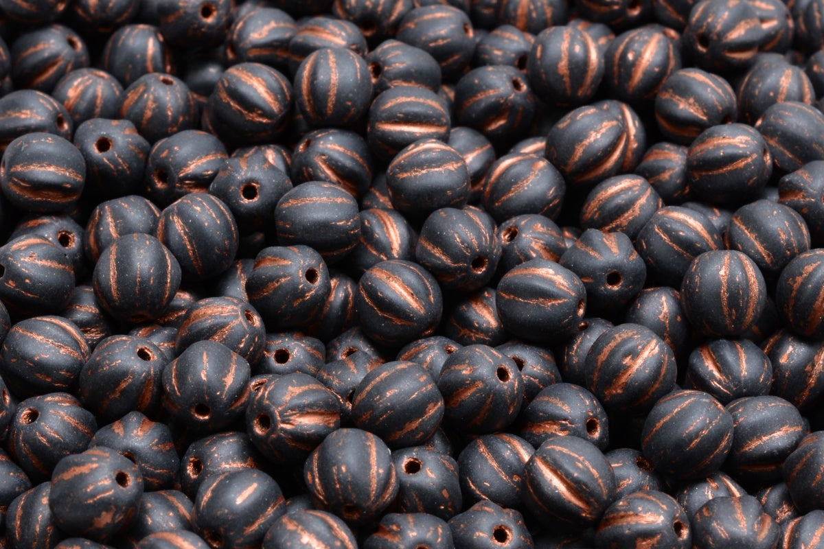 Melon Beads, Black Matte Copper Lined (23980-84100-54319), Glass, Czech Republic