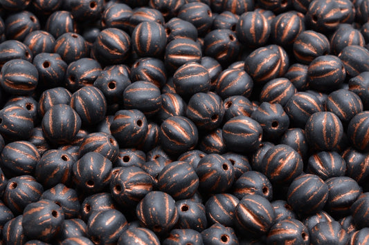 Melon Beads, Black Matte Copper Lined (23980-84100-54319), Glass, Czech Republic