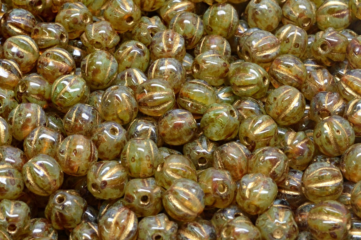 OUTLET 10 grams Melon Beads, 6 x 6 mm, R0613 Travertin Gold Lined (R0613-86800-54302), Glass, Czech Republic