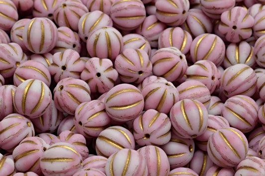 Melon Beads, Pink Gold Lined Matte (07724-54302-84100), Glass, Czech Republic