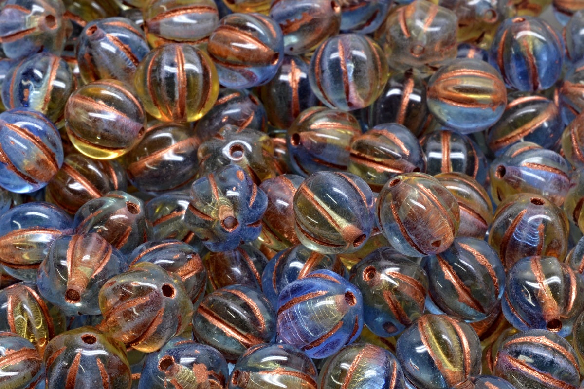 OUTLET 10 grams Melon Beads, Transparent Orange Transparent Blue Copper Lined (10030-30030-54319), Glass, Czech Republic