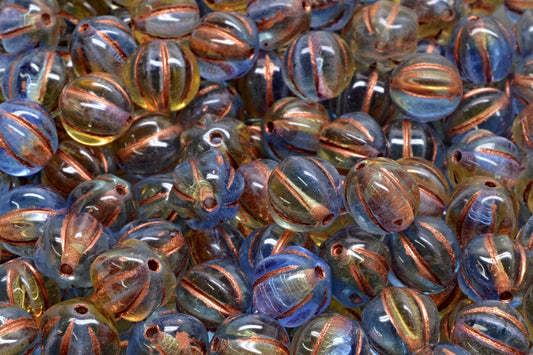 OUTLET 10 grams Melon Beads, Transparent Orange Transparent Blue Copper Lined (10030-30030-54319), Glass, Czech Republic