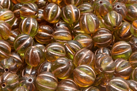 OUTLET 10 grams Melon Beads, 8 x 8 mm, Transparent Orange Transparent Green Copper Lined (10080-50210-54318), Glass, Czech Republic
