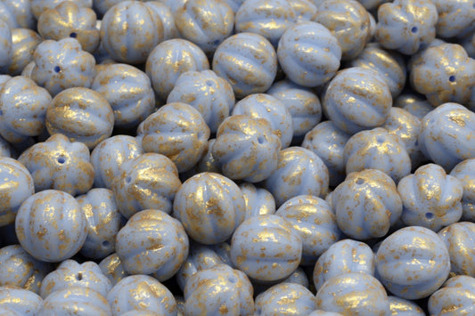 Melon Beads, Light Blue Gold Splash (33000-94401), Glass, Czech Republic