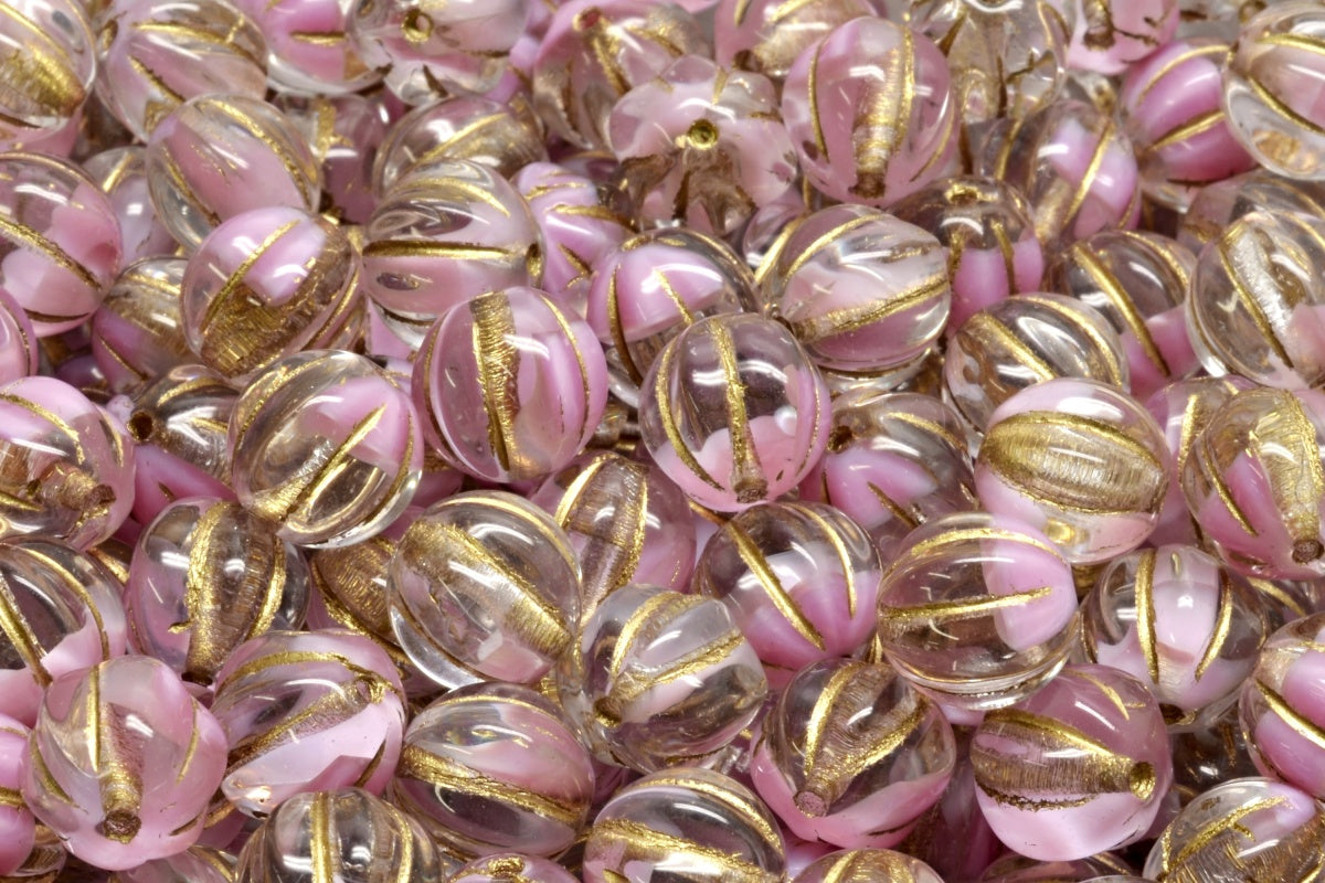Melon Beads, Opaque Pink Gold Lined (76018-54302), Glass, Czech Republic