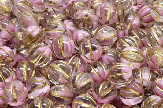 Melon Beads, Opaque Pink Gold Lined (76018-54302), Glass, Czech Republic