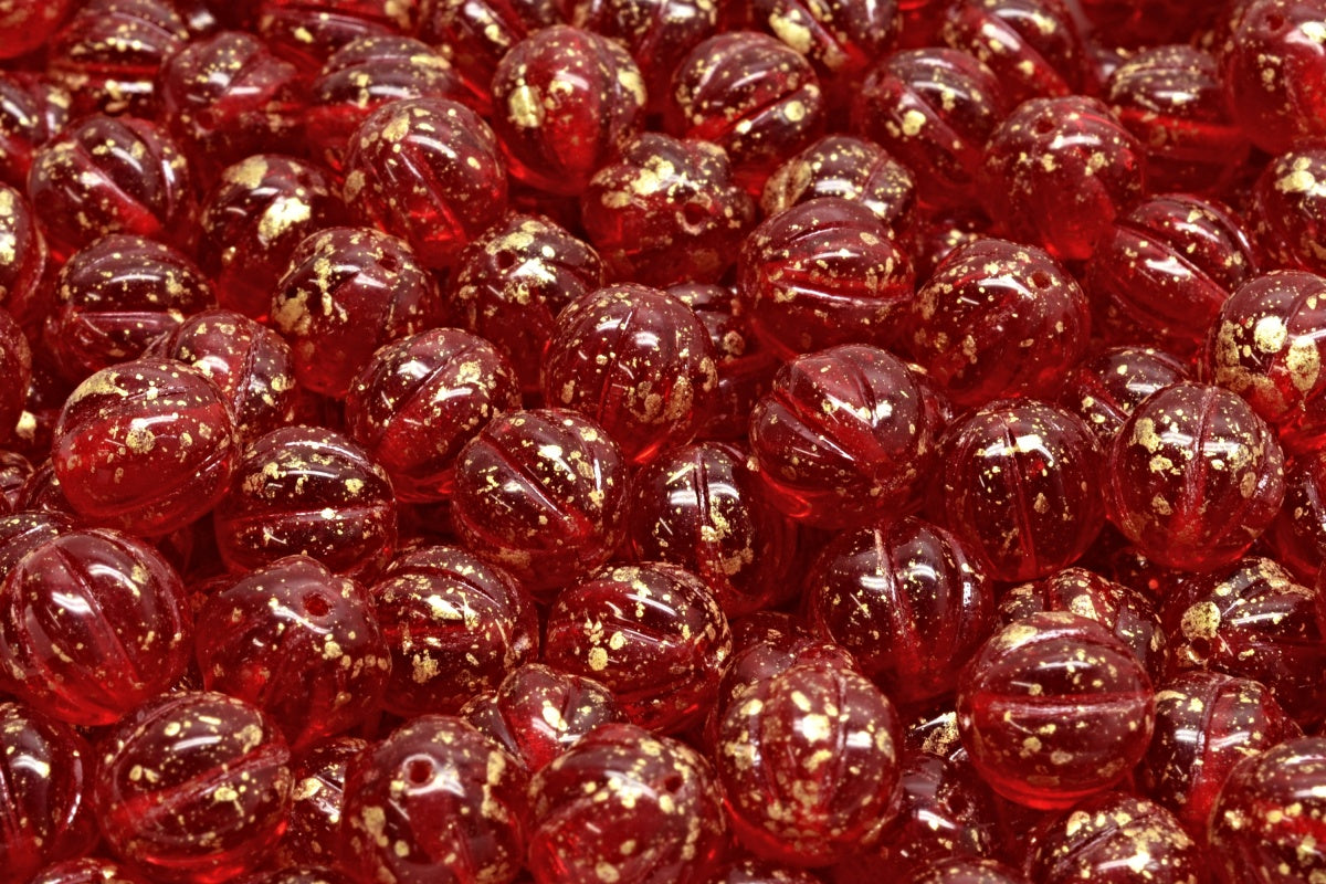 Melon Beads, Ruby Red Gold Splash (90080-94401), Glass, Czech Republic