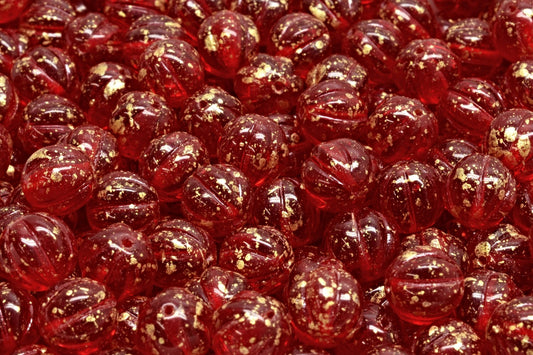 Melon Beads, Ruby Red Gold Splash (90080-94401), Glass, Czech Republic