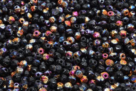 OUTLET 10 grams Round Pressed Glass Beads With Rose, 3.5 x 3.5 mm, Black Sliperit (23980-29501), Glass, Czech Republic
