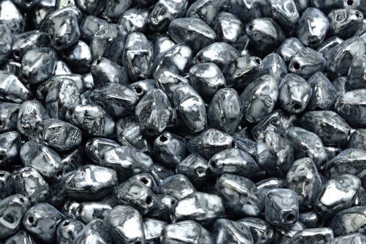OUTLET 10 grams Olive Oval Pressed Glass Beads With Edges, 8 x 6 mm, Black Silver Splash (23980-86700), Glass, Czech Republic