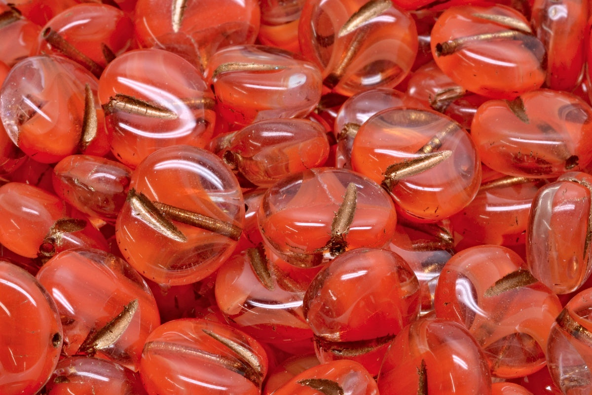 Apple Shaped Beads, Mix Orange Red Bronze Lined (96027-54317), Glass, Czech Republic