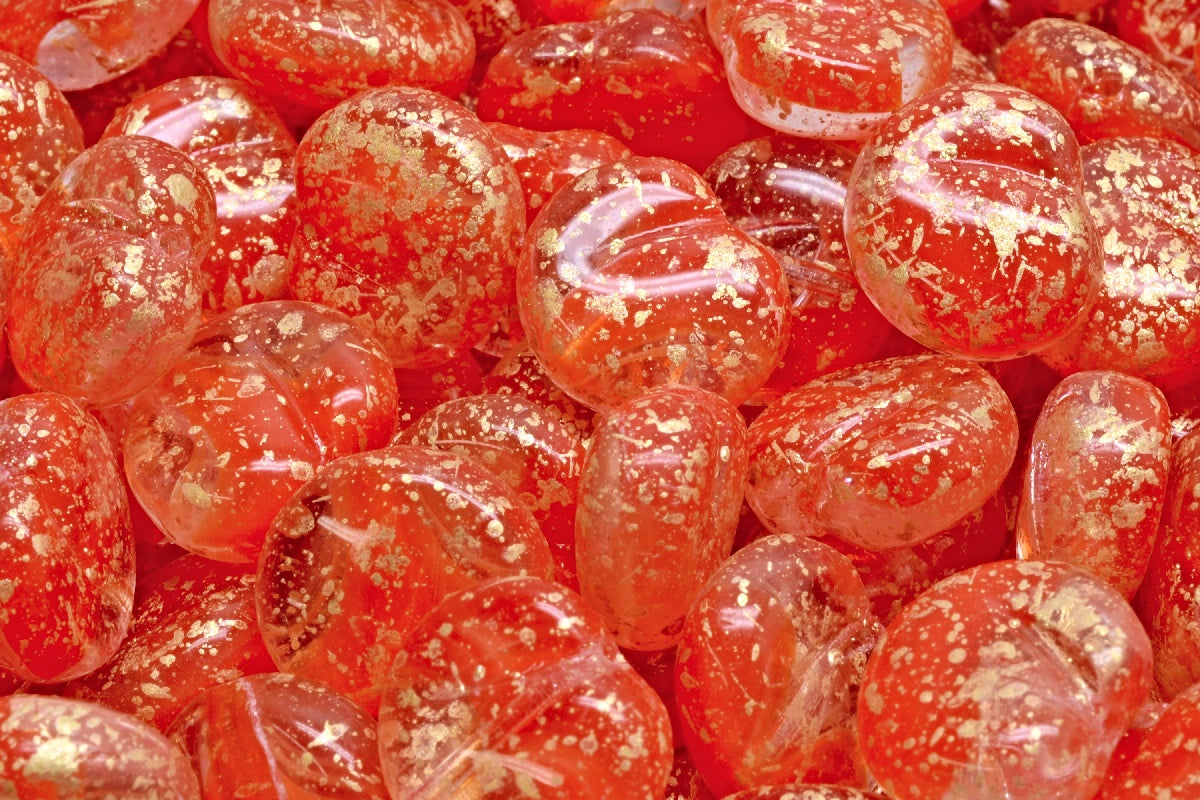 Apple Shaped Beads, Mix Orange Red Gold Splash (96027-94401), Glass, Czech Republic