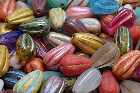 OUTLET 10 grams Drop Melon Beads, 13 x 8 mm, 1 Mixed Colors (00001-mix), Glass, Czech Republic