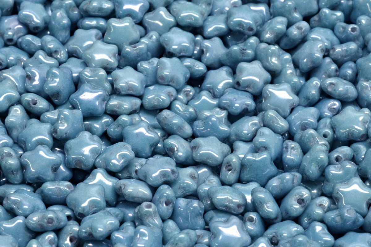 OUTLET 10 grams Flat Star Beads, 6 x 6 mm, White Luster Blue Full Coated (02010-14464), Glass, Czech Republic