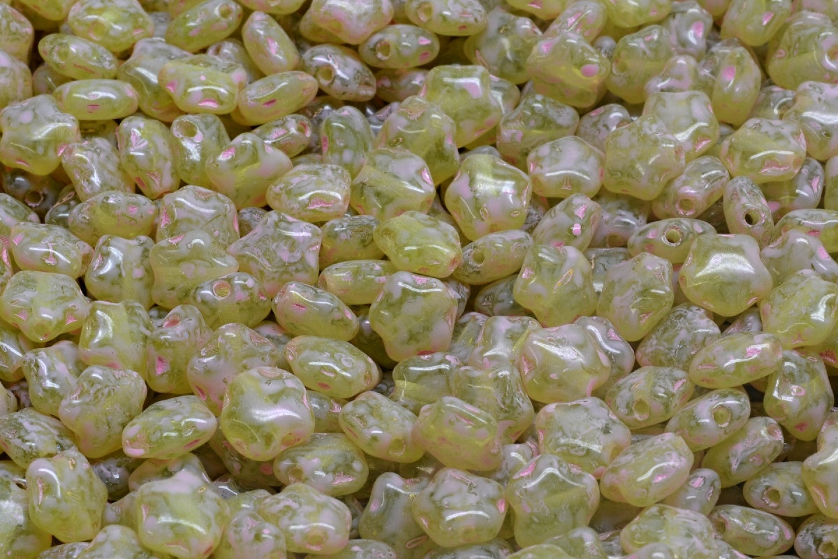 OUTLET 10 grams Flat Star Beads, 6 x 6 mm, Transparent Green Warm Purple Spotted (50220-33304), Glass, Czech Republic