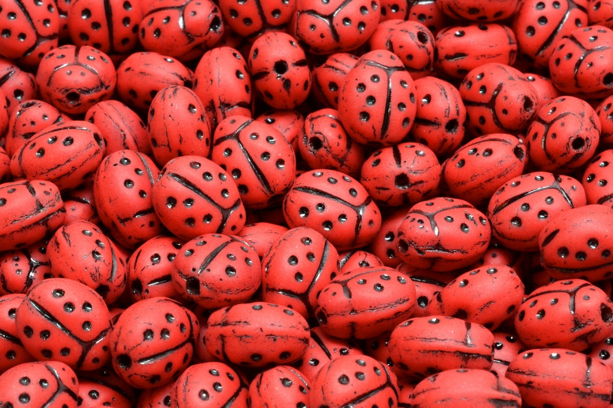 OUTLET 10 grams Ladybird Beads, 10 x 7 mm, Red Matte Black Lined (93180-84100-46441), Glass, Czech Republic