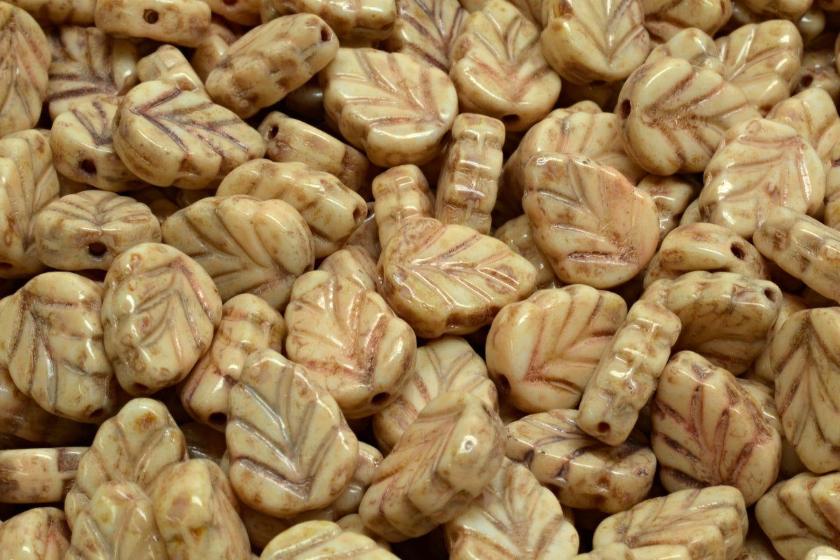 OUTLET 10 grams Mint Leaf Beads, 10 x 8 mm, White Travertin Beige Travertin Spotted (02010-86800-33301), Glass, Czech Republic