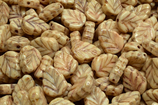 OUTLET 10 grams Mint Leaf Beads, 10 x 8 mm, White Travertin Beige Travertin Spotted (02010-86800-33301), Glass, Czech Republic