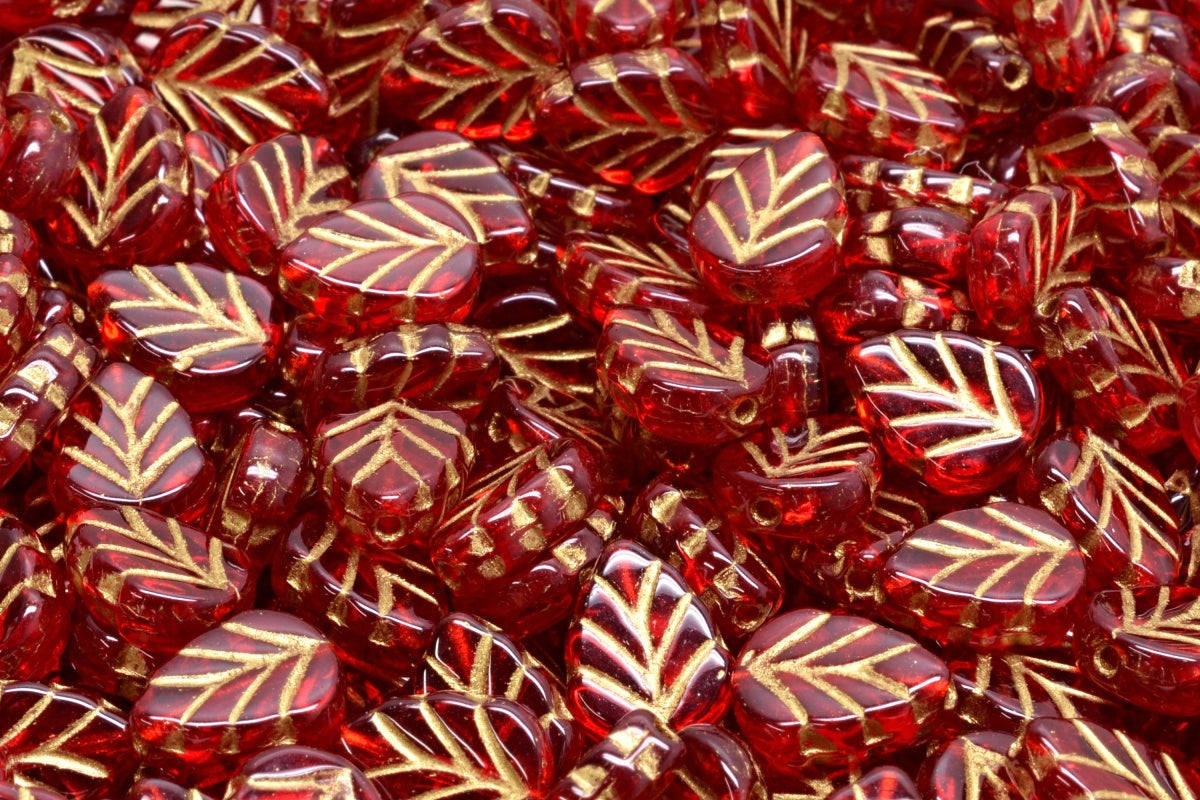 Mint Leaf Beads, Ruby Red Gold Lined (90080-54302), Glass, Czech Republic