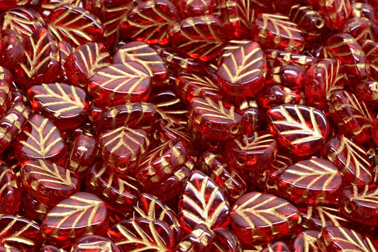 Mint Leaf Beads, Ruby Red Gold Lined (90080-54302), Glass, Czech Republic