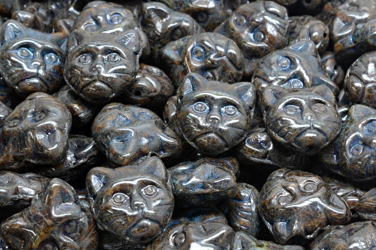 OUTLET 10 grams Cat Muzzle Beads, 13 x 13 mm, Striped Dark Brown Travertin (26117-86800), Glass, Czech Republic