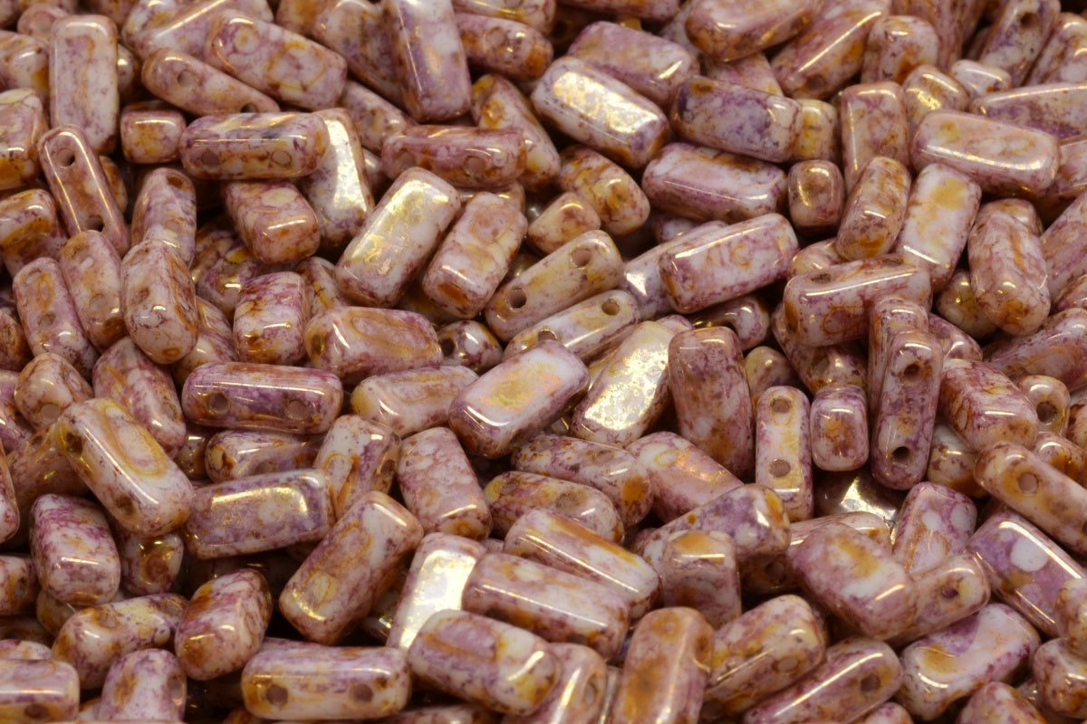 OUTLET 10 grams 2-Hole Pressed Tile Beads, 4 x 8 mm, White Senegal Violet (02010-15695), Glass, Czech Republic