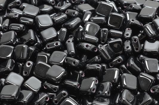 2-Holes Pressed Tile Beads, Black (23980), Glass, Czech Republic