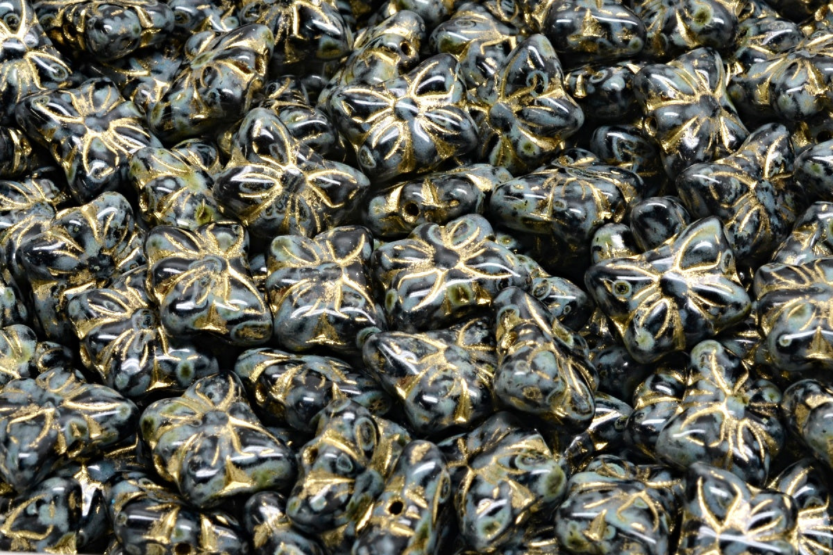OUTLET 10 grams Butterfly Beads, 9 x 7 mm, Black Travertin Gold Lined (23980-86800-54302), Glass, Czech Republic